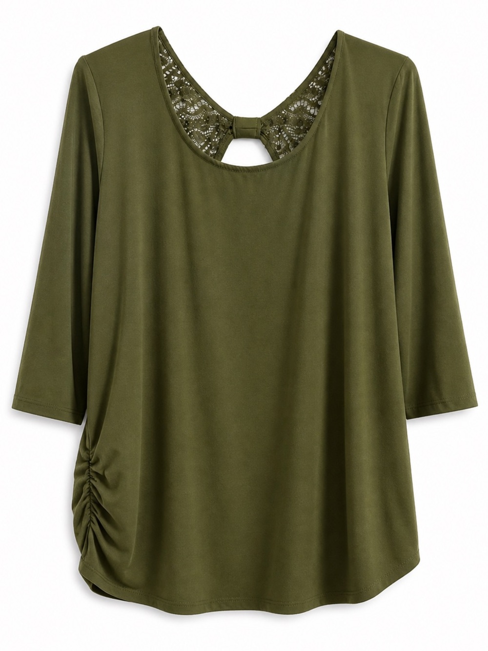 Olive Green Lace Back Blouse XL 3/4 Sleeve Ruched Casual Boho Top